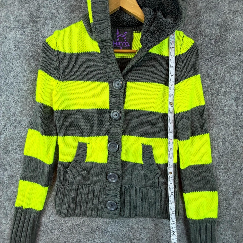 Kirra Sweater Womens Small Grey Green Striped Hoodie Cardigan Button Front - Picture 4 of 6